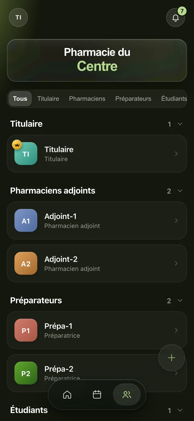 L'onglet Équipe de Rost : titulaire, pharmaciens adjoints, préparateurs, étudiant
