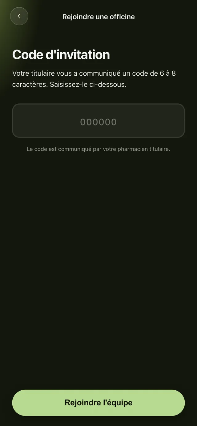 Rejoindre une officine avec le code d'invitation